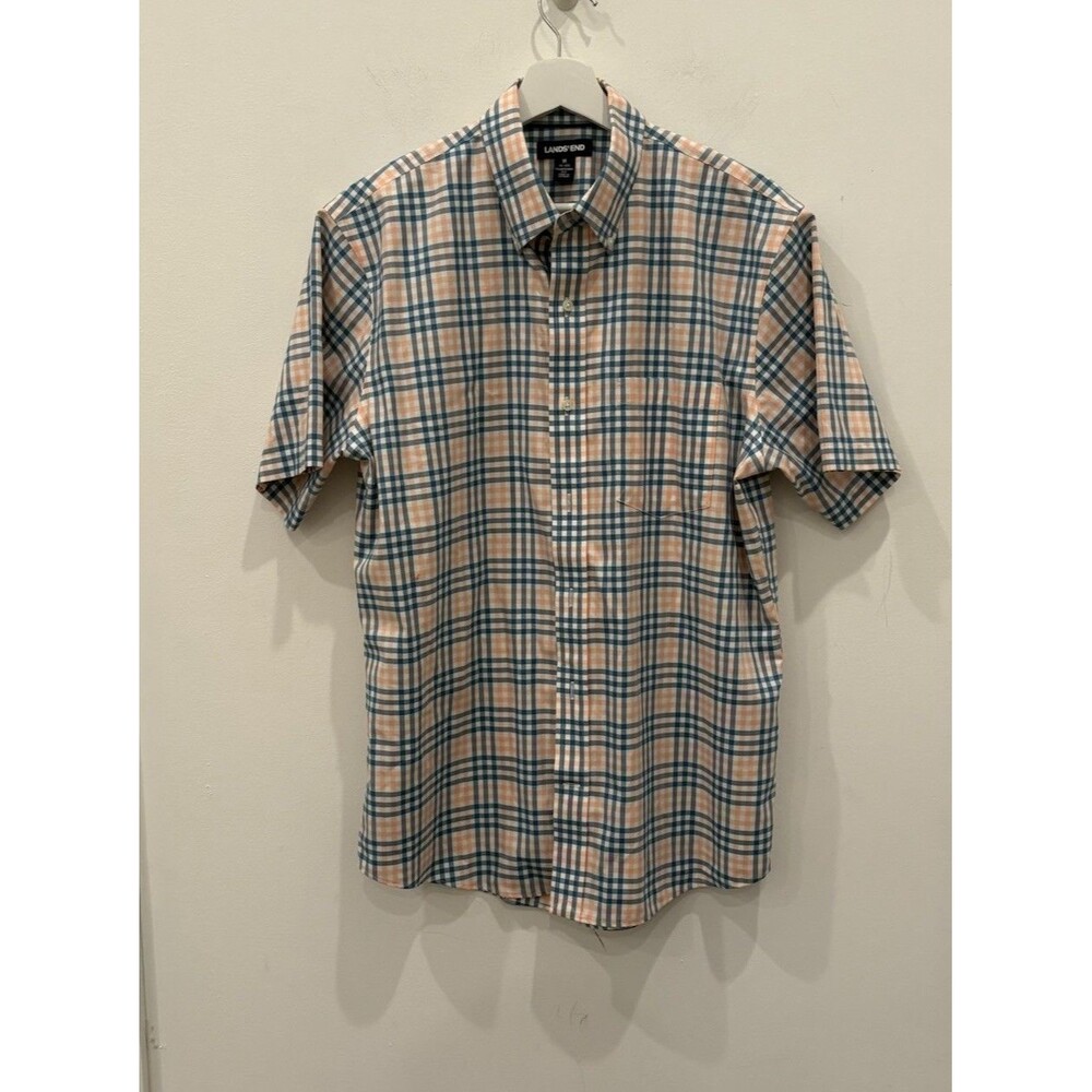 Lands’ End Blue Pink Plaid Traditional Fit Short Sleeve Button Down 15-15.5